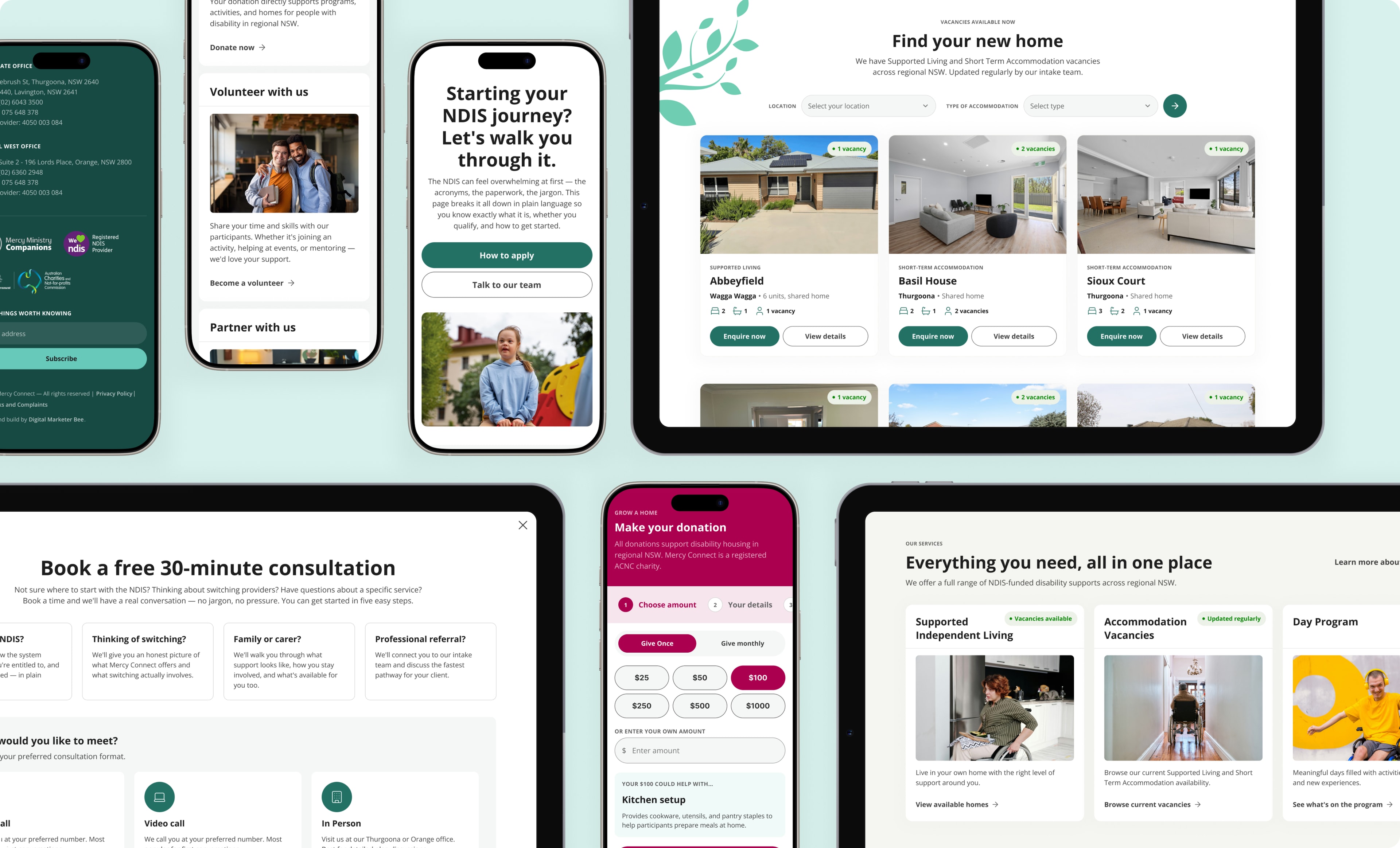 Mercy Connect pages shown across phone, tablet and desktop mockups