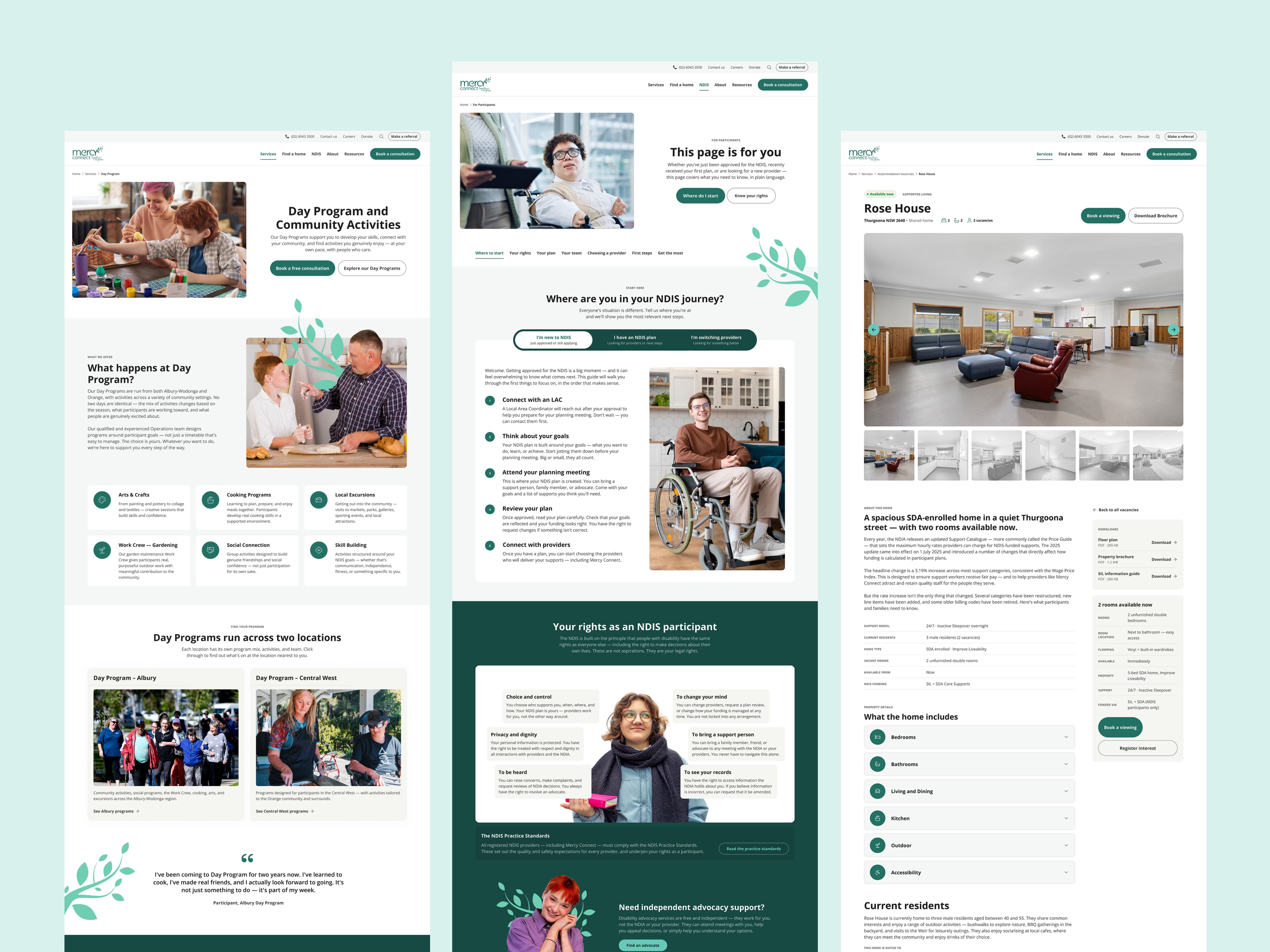 Mercy Connect day program, NDIS education and single accommodation pages