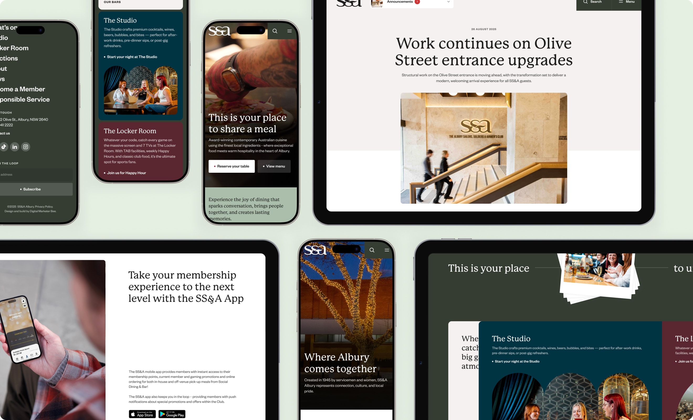 SS&A Club pages shown across phone, tablet and desktop mockups