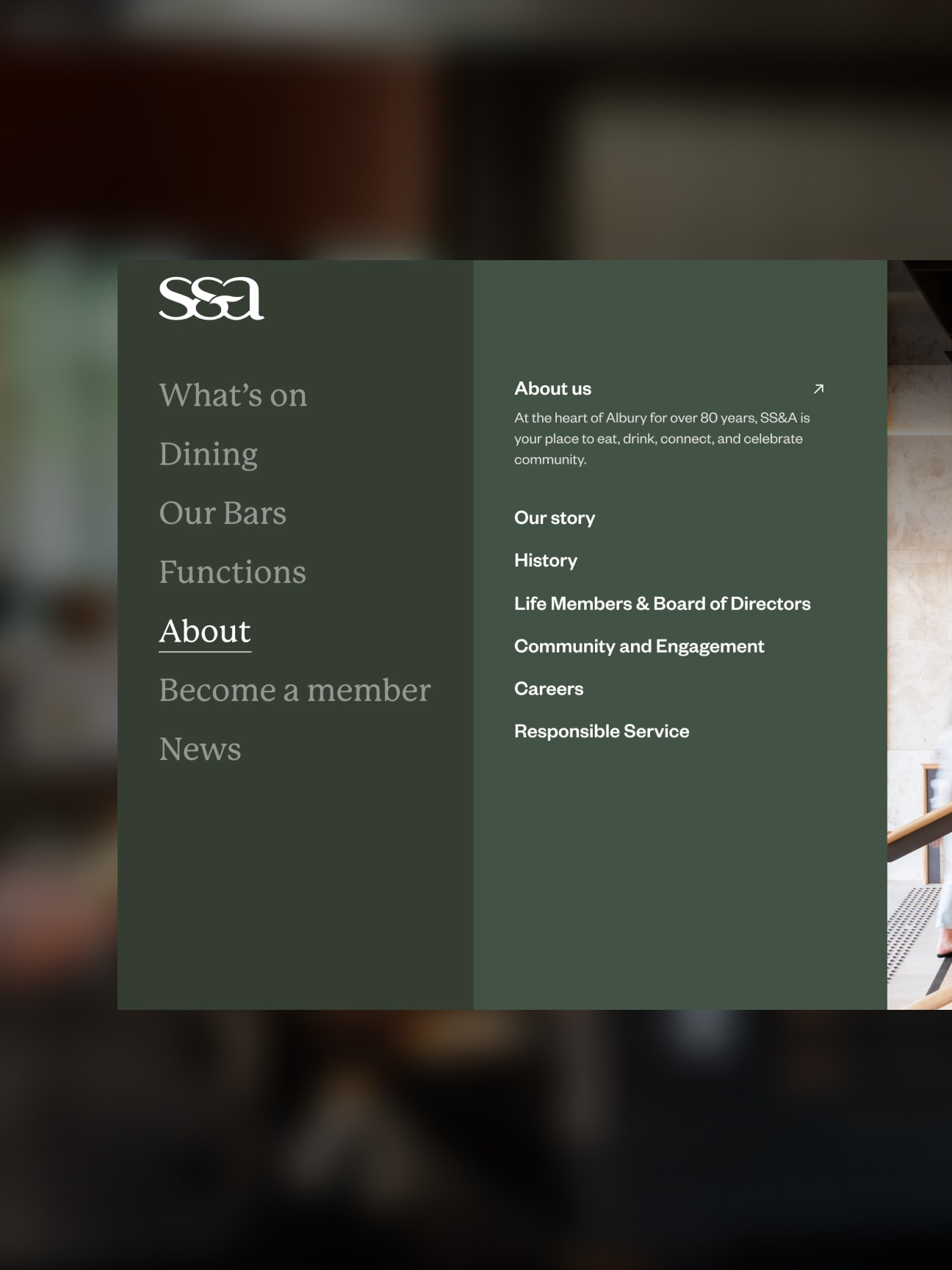 SS&A Club navigation panel, expanded to show the About sub-items